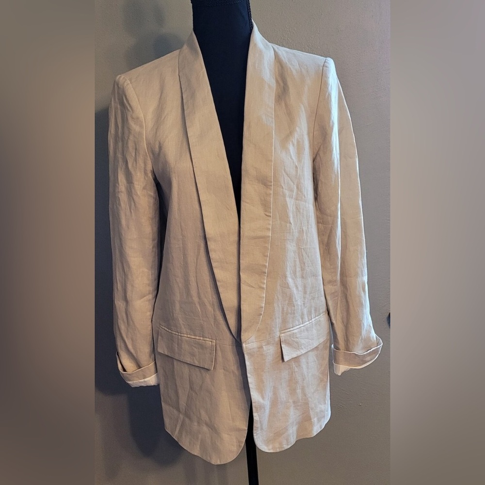 Catherine Malandrino 100% Linen Blazer Beige Open Front Fully Lined Size 14 - Picture 4 of 12